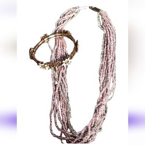 Vintage Stretch bracelet floral gems and seed bead pink/ silver multi Strand nec
